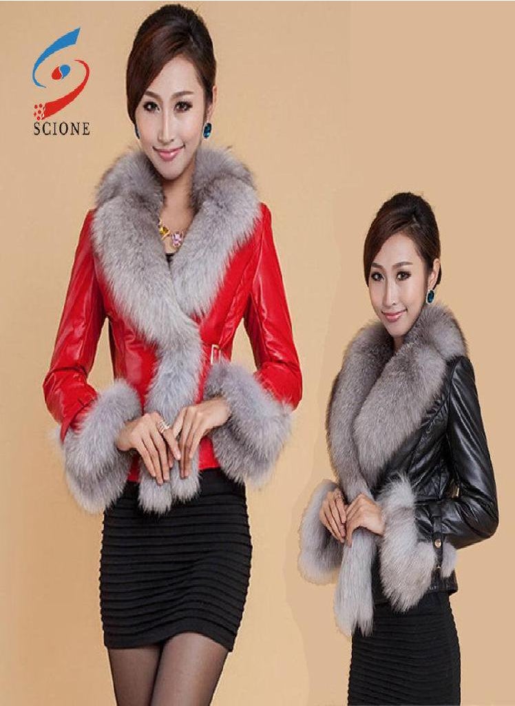 Eckek - SCIONE Faux Fox Fur Collar Leather Slim PU Leather Women Plus Cotton Jacket Fashion Short Leather - Image 1