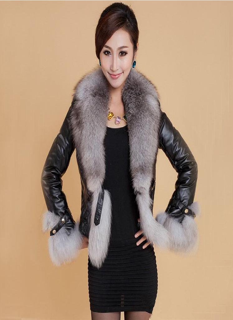 Eckek - SCIONE Faux Fox Fur Collar Leather Slim PU Leather Women Plus Cotton Jacket Fashion Short Leather - Image 1