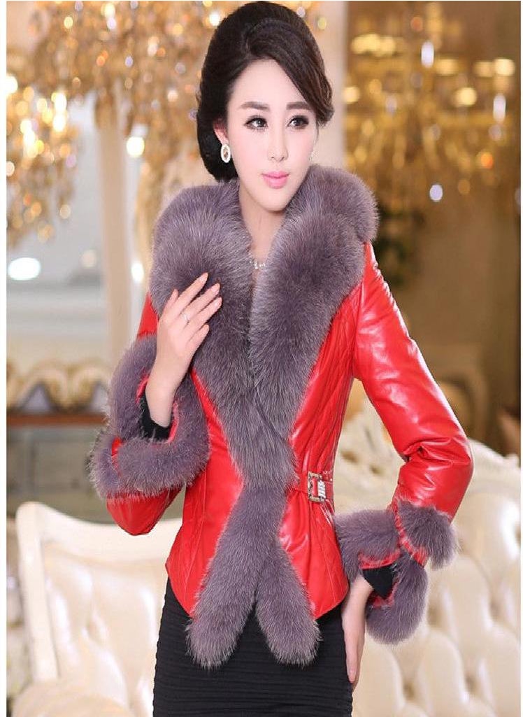 Eckek - SCIONE Faux Fox Fur Collar Leather Slim PU Leather Women Plus Cotton Jacket Fashion Short Leather - Image 1