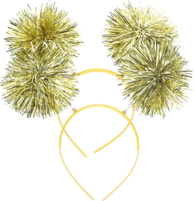 minkissy Pom Pom Headband 2pcs Tinsel Headbands Cute Boppers Hair Bands Cosplay Party Hair Decoration Tinsel Headdress for Boy Girls Golden 19x19cm