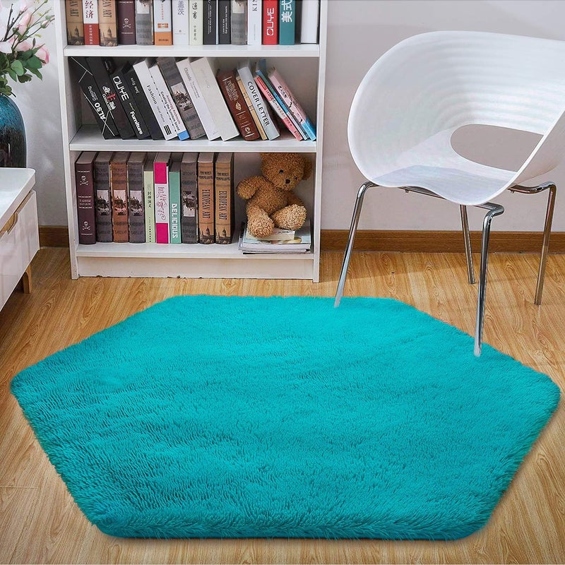 junovo Ultra Soft Rug for Nursery Children Room Baby Room Home Decor Dormitory Hexagon Carpet for Playhouse Princess Tent Kids Play Castle, Diameter 4.6 ft, Teal Blue - Image 3