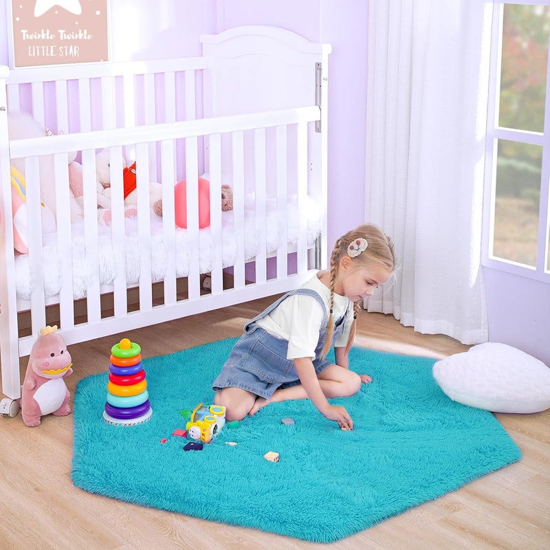 junovo Ultra Soft Rug for Nursery Children Room Baby Room Home Decor Dormitory Hexagon Carpet for Playhouse Princess Tent Kids Play Castle, Diameter 4.6 ft, Teal Blue - Image 1