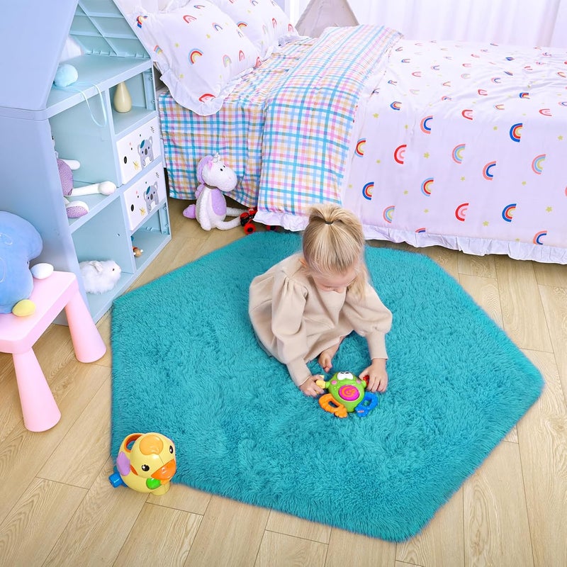junovo Ultra Soft Rug for Nursery Children Room Baby Room Home Decor Dormitory Hexagon Carpet for Playhouse Princess Tent Kids Play Castle, Diameter 4.6 ft, Teal Blue - Image 5