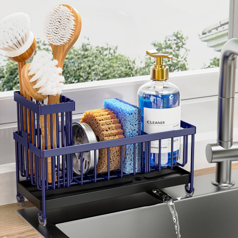 Cisily Sponge Holder for Kitchen Sink, Sink Caddy Organizer with High Brush Holder, Kitchen Countertop Organizers and Storage Essentials, Rustproof 304 Stainless Steel (Navy Blue, 9.25â€³) - Image 1