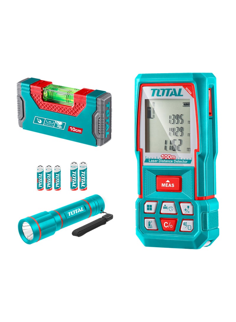 توتال مجموعة أدوات قياس المسافة بالليزر 3 في 1 من توتال (نطاق 100 متر) - تتضمن شريط قياس رقمي بالليزر (بدقة ±2 مم)، ومستوى يدوي صغير مغناطيسي، ومصباح يدوي عالي السطوع بقوة 250 لومن - TOS251003 - Image 1