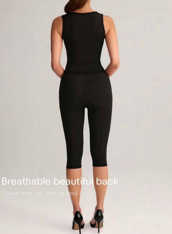 Take Two Black Solid Sleeveless Top and Cropped Pants Co-Ord Set - Image 2