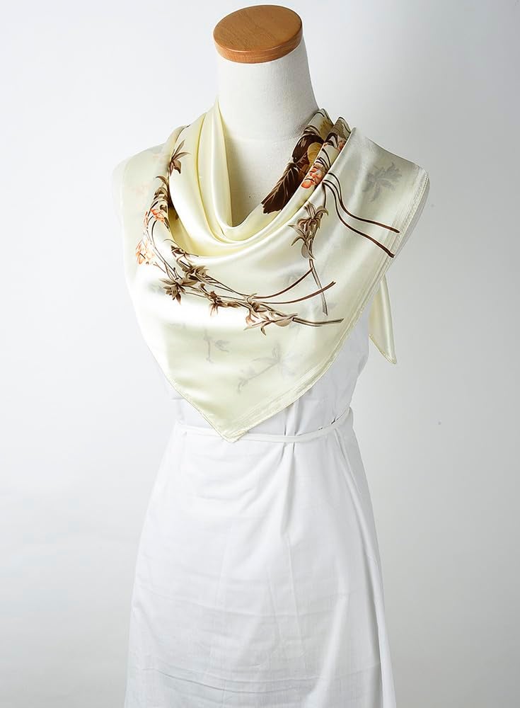 corciova Large Square Satin Silk Like Lightweight Scarf Hair Wrap Women Beige Floral Curly Headband Sleeping at Night Bandana - Image 4