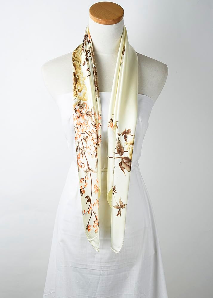 corciova Large Square Satin Silk Like Lightweight Scarf Hair Wrap Women Beige Floral Curly Headband Sleeping at Night Bandana - Image 5