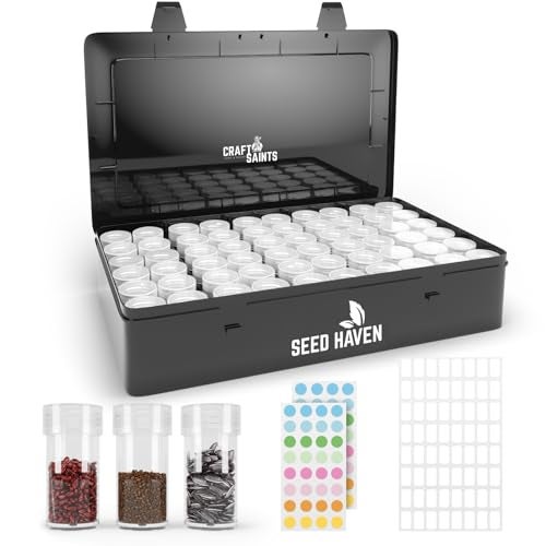 CraftSaints Seed Organizer Storage Box, Black Opaque Light Proof Seed Bank with 60 Transparent Bottles & Labels, Seed Holder Packet Organizer, Seed Vault Container for Homesteaders, Garden Tackle and Sorter - Image 1