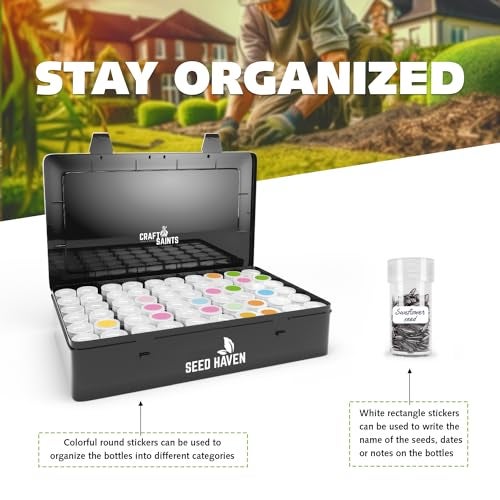 CraftSaints Seed Organizer Storage Box, Black Opaque Light Proof Seed Bank with 60 Transparent Bottles & Labels, Seed Holder Packet Organizer, Seed Vault Container for Homesteaders, Garden Tackle and Sorter - Image 4