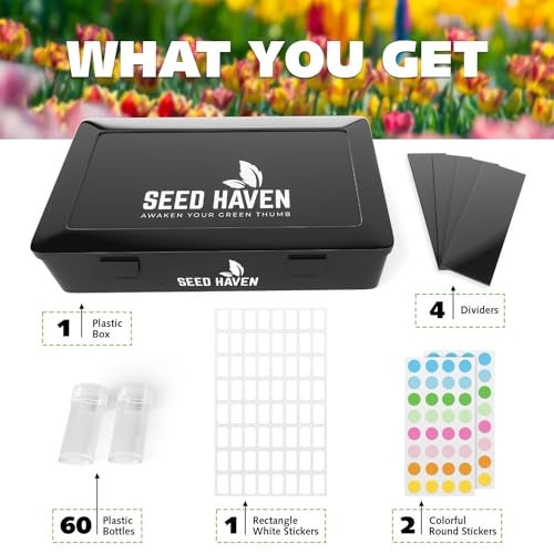 CraftSaints Seed Organizer Storage Box, Black Opaque Light Proof Seed Bank with 60 Transparent Bottles & Labels, Seed Holder Packet Organizer, Seed Vault Container for Homesteaders, Garden Tackle and Sorter - Image 3