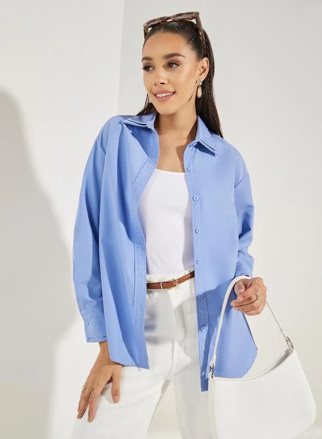 Styli Solid Woven Double Collar Oversized Shirt