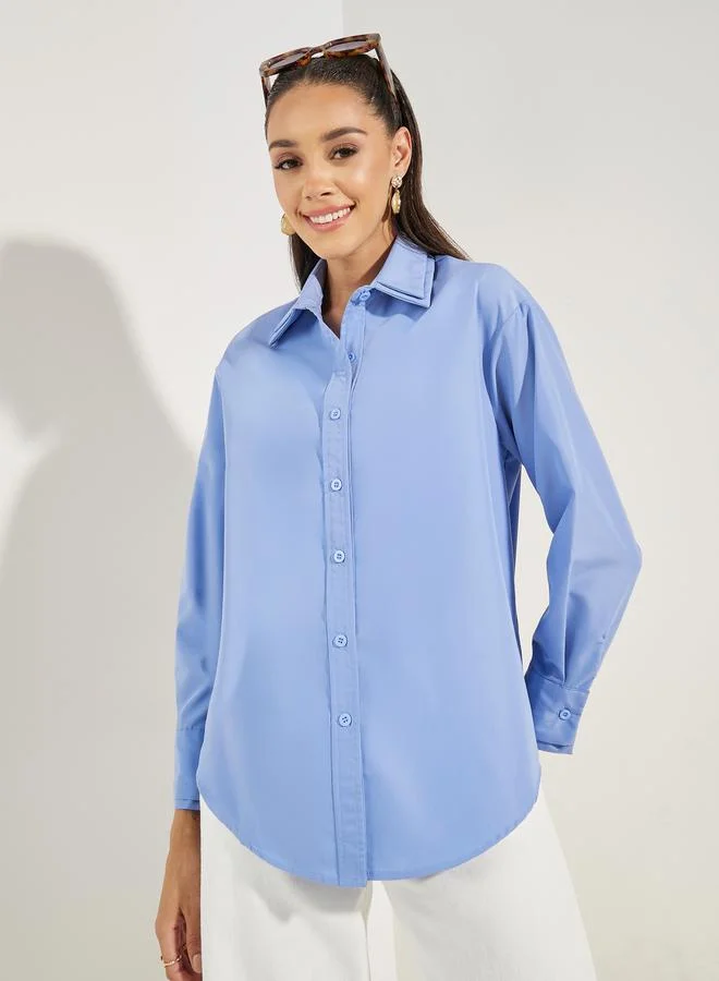 Styli Solid Woven Double Collar Oversized Shirt