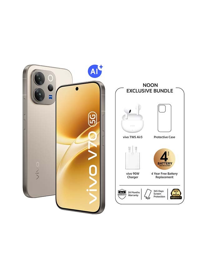 vivo V70 5G AI Dual SIM Alpine Grey 12GB 512GB With Exclusive Gifts: TWS Air 3, 90W charger, Protective Cover, 4-year free battery replacement And 24 Months Warranty + 1 Year Screen Replacement - Middle East Version