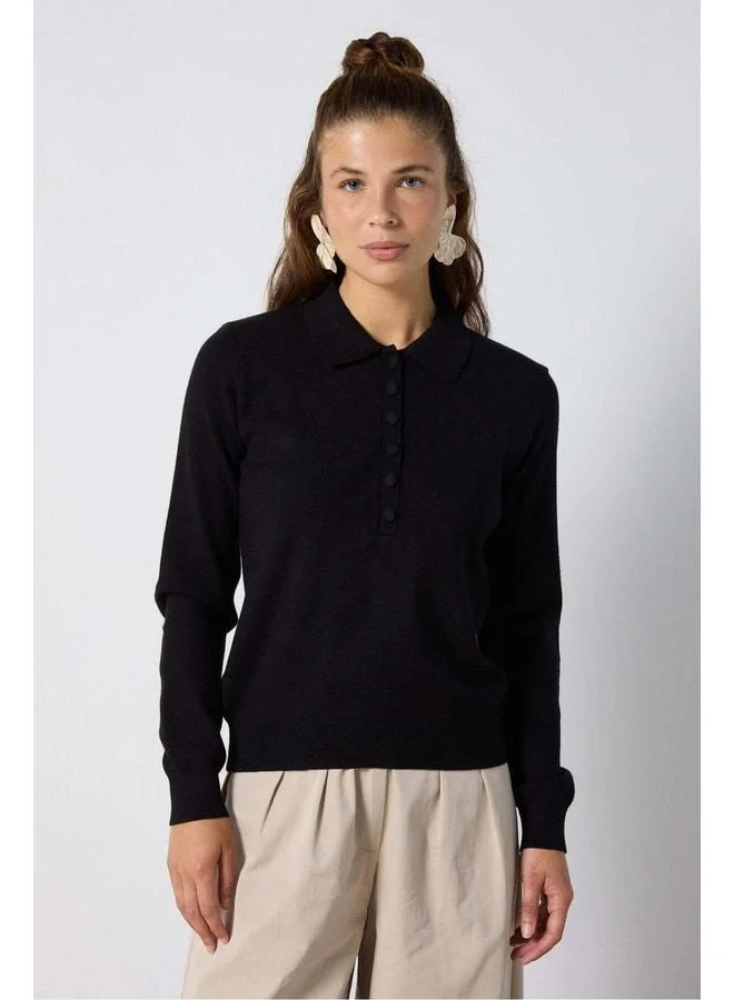 mina aise Women's Black Premium Plush Polo Collar Knit Sweater 7064.