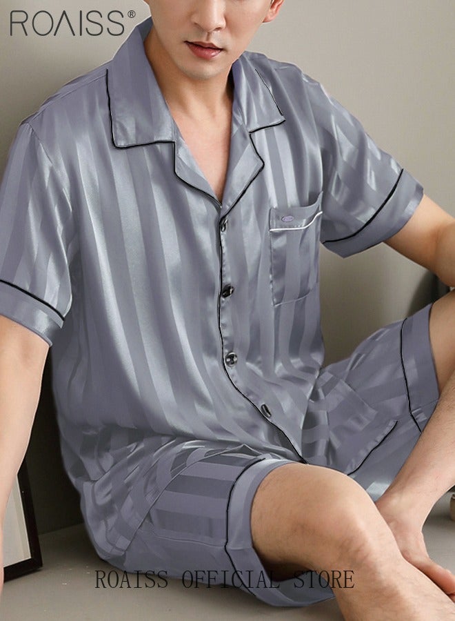 roaiss 3-Piece Set Men's Short Sleeves Pajamas Pants Trousers Sleepwear Sets Satin Grid Printing Silk Nightgown Male Loose Shirts Spring Summer Loungewear Home Clothes - Image 3