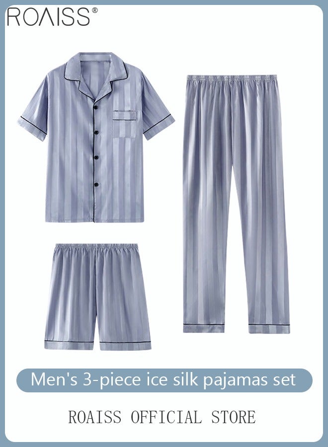 roaiss 3-Piece Set Men's Short Sleeves Pajamas Pants Trousers Sleepwear Sets Satin Grid Printing Silk Nightgown Male Loose Shirts Spring Summer Loungewear Home Clothes - Image 2