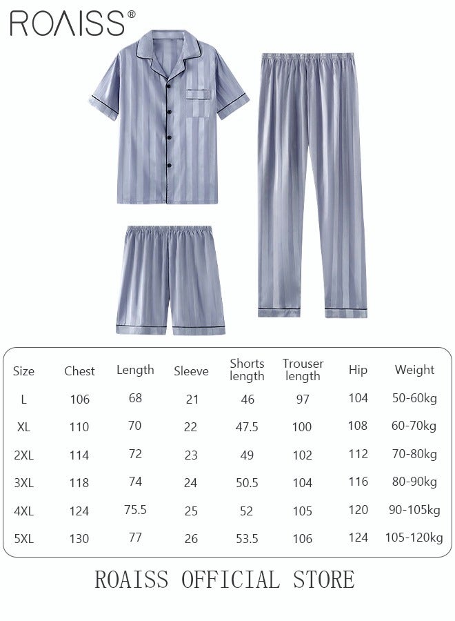 roaiss 3-Piece Set Men's Short Sleeves Pajamas Pants Trousers Sleepwear Sets Satin Grid Printing Silk Nightgown Male Loose Shirts Spring Summer Loungewear Home Clothes - Image 5