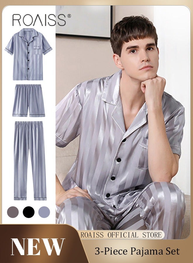 roaiss 3-Piece Set Men's Short Sleeves Pajamas Pants Trousers Sleepwear Sets Satin Grid Printing Silk Nightgown Male Loose Shirts Spring Summer Loungewear Home Clothes - Image 1
