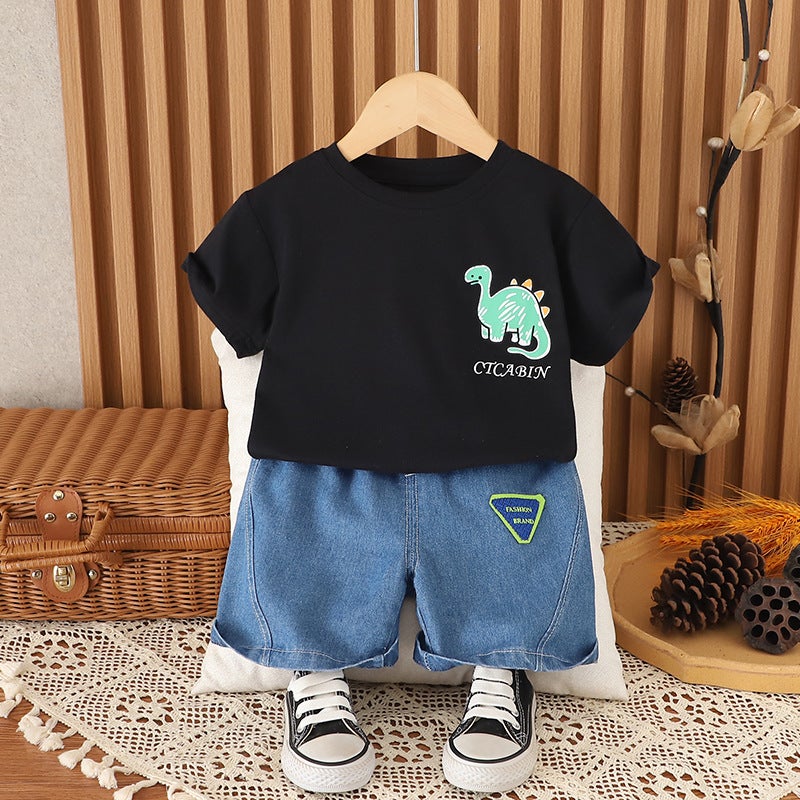 Boys suit Summer New 2025 Childrens Wear Short-sleeved Childrens Summer Wear Round Neck T-shirt Denim Shorts Two-piece Set Black