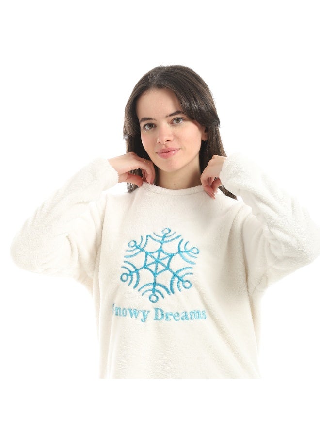 Defect Women's winter pajamas, off-white embroidered faux fur - Image 4