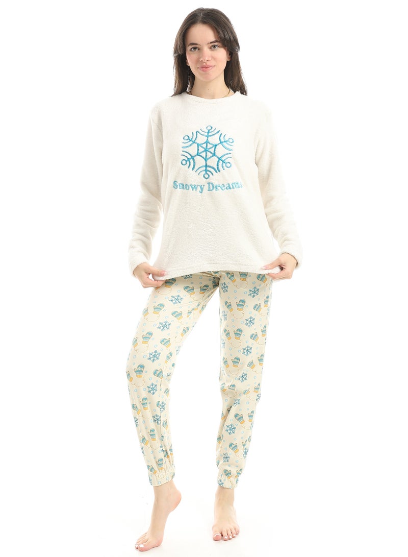 Defect Women's winter pajamas, off-white embroidered faux fur - Image 1