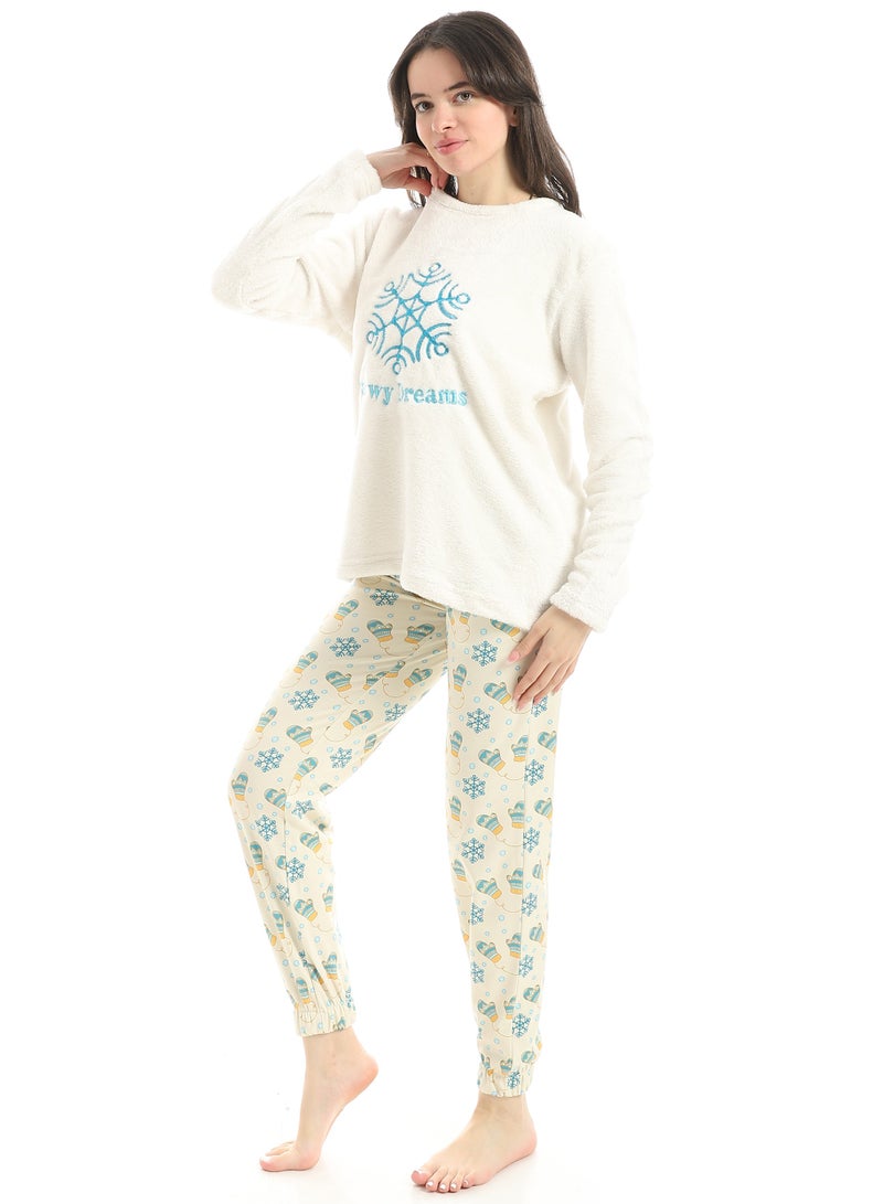 Defect Women's winter pajamas, off-white embroidered faux fur - Image 2