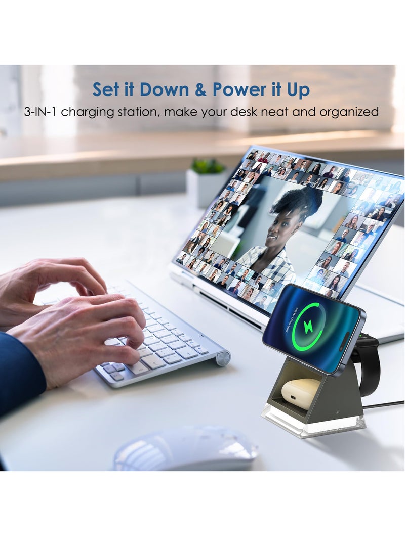 KASTWAVE - Wireless Charger, 3 in 1 Wireless Charging Station with Night Lamp & Adapter, Wireless Charger iPhone 15/14/13/12, Wireless Charger Stand Apple Watch 9/8/7/6/5/4/3/2/SE, /3/2, Samsung Buds - Image 1