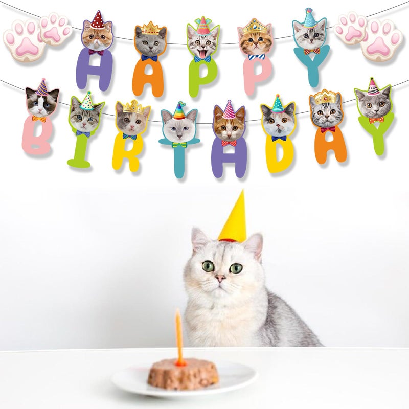 BIEUFBJI Cat Themed Birthday Banner - Cat Face and Paw Print Happy Birthday Decor, for Boys, Girls, Kids, Adults and Pets - Image 3