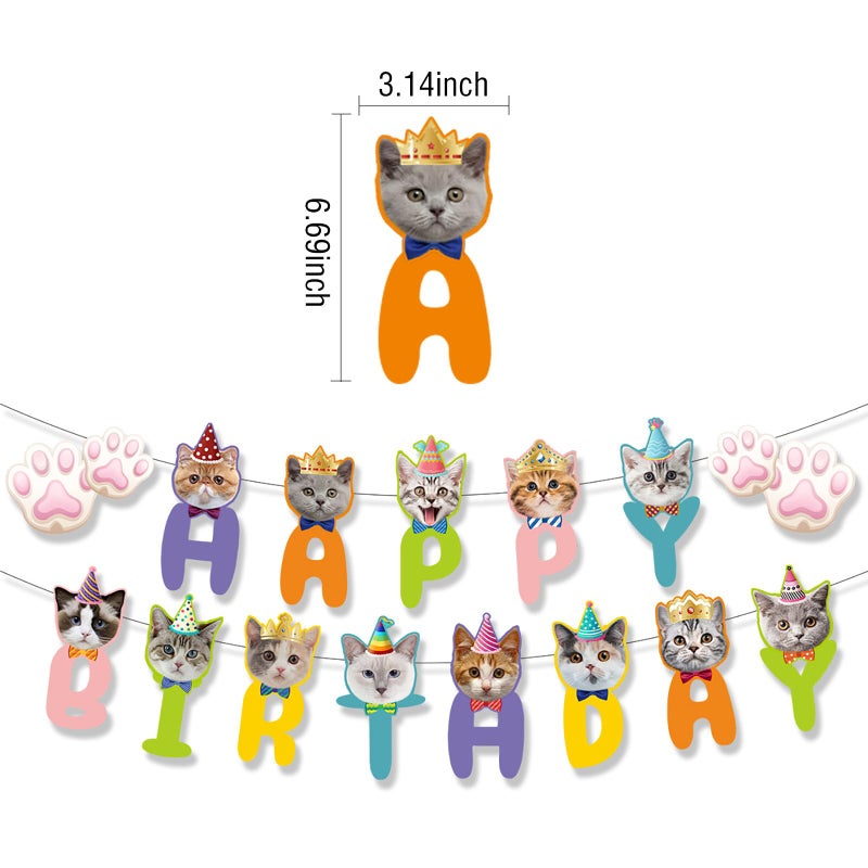 BIEUFBJI Cat Themed Birthday Banner - Cat Face and Paw Print Happy Birthday Decor, for Boys, Girls, Kids, Adults and Pets - Image 2