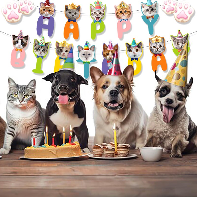 BIEUFBJI Cat Themed Birthday Banner - Cat Face and Paw Print Happy Birthday Decor, for Boys, Girls, Kids, Adults and Pets - Image 4