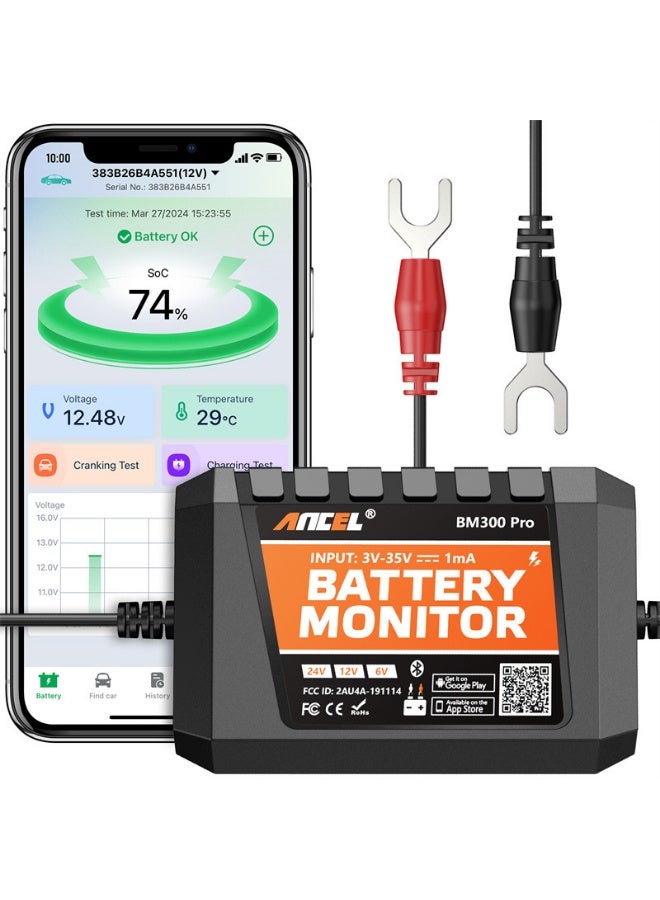 أنسيل جهاز ANCEL BM300PRO لتحليل بطارية السيارة 6V 12V 24V، جهاز اختبار ومراقبة البطارية بتقنية Bluetooth 5.3 لنظام الشحن والتشغيل، أداة فحص حالة البطارية للسيارات والشاحنات والدراجات - Image 1