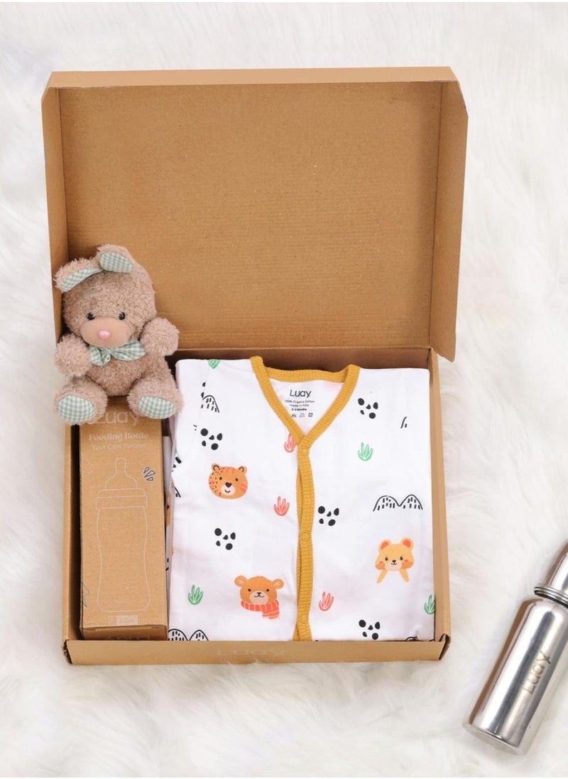 LUAY Premium Gift Box Set with The Baby Romper, Baby Feeding Bottle and Teddy Bear Best Hamper for Babies (6-9 M) 