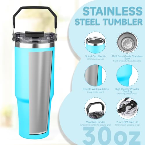 FLIFQI 30oz Tumbler with Handle and Flip Straw Lid Double Wall Insulated Travel Coffee Mug Stainless Steel Vacuum Insulated Coffee Tumbler Cup for Hot and Cold Beverages,Leak-proof&BPA-free（30oz,Baby blue） - Image 3