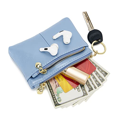 ZOOEASS Women PU Leather Zip Mini Coin Purse With Key Ring Triple Zipper Card Holder Wallet (Blue) - Image 2