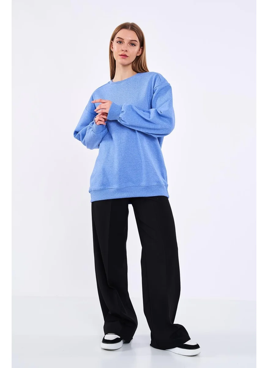 mmetalic Blue Women's Cotton Oversize Basic Crew Neck Sweatshirt