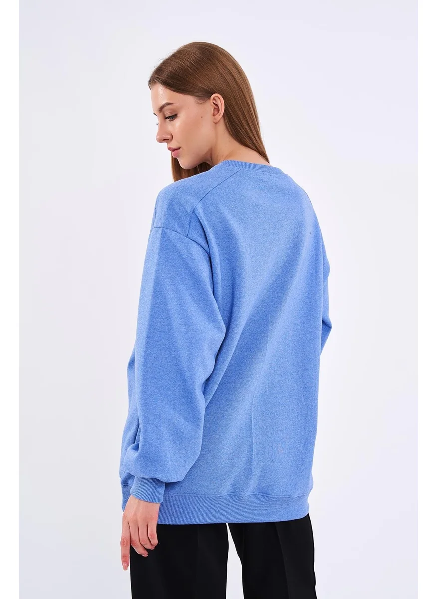 mmetalic Blue Women's Cotton Oversize Basic Crew Neck Sweatshirt