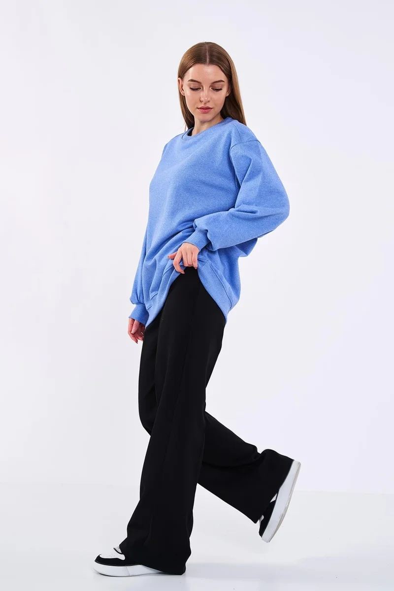 mmetalic Blue Women's Cotton Oversize Basic Crew Neck Sweatshirt