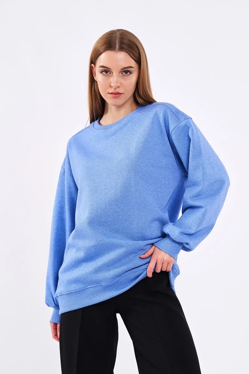 mmetalic Blue Women's Cotton Oversize Basic Crew Neck Sweatshirt