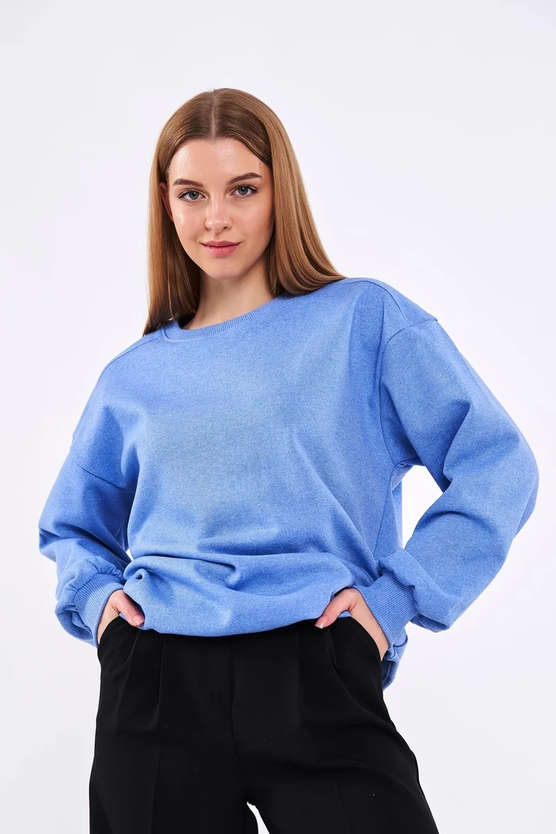 mmetalic Blue Women's Cotton Oversize Basic Crew Neck Sweatshirt