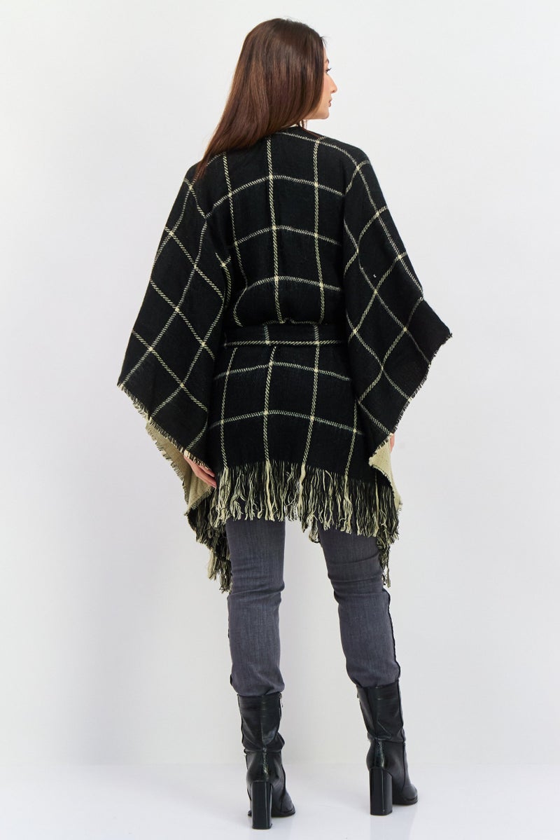 HALSTON Women Checkered Belted Poncho Cardigan, Black Combo - Image 4