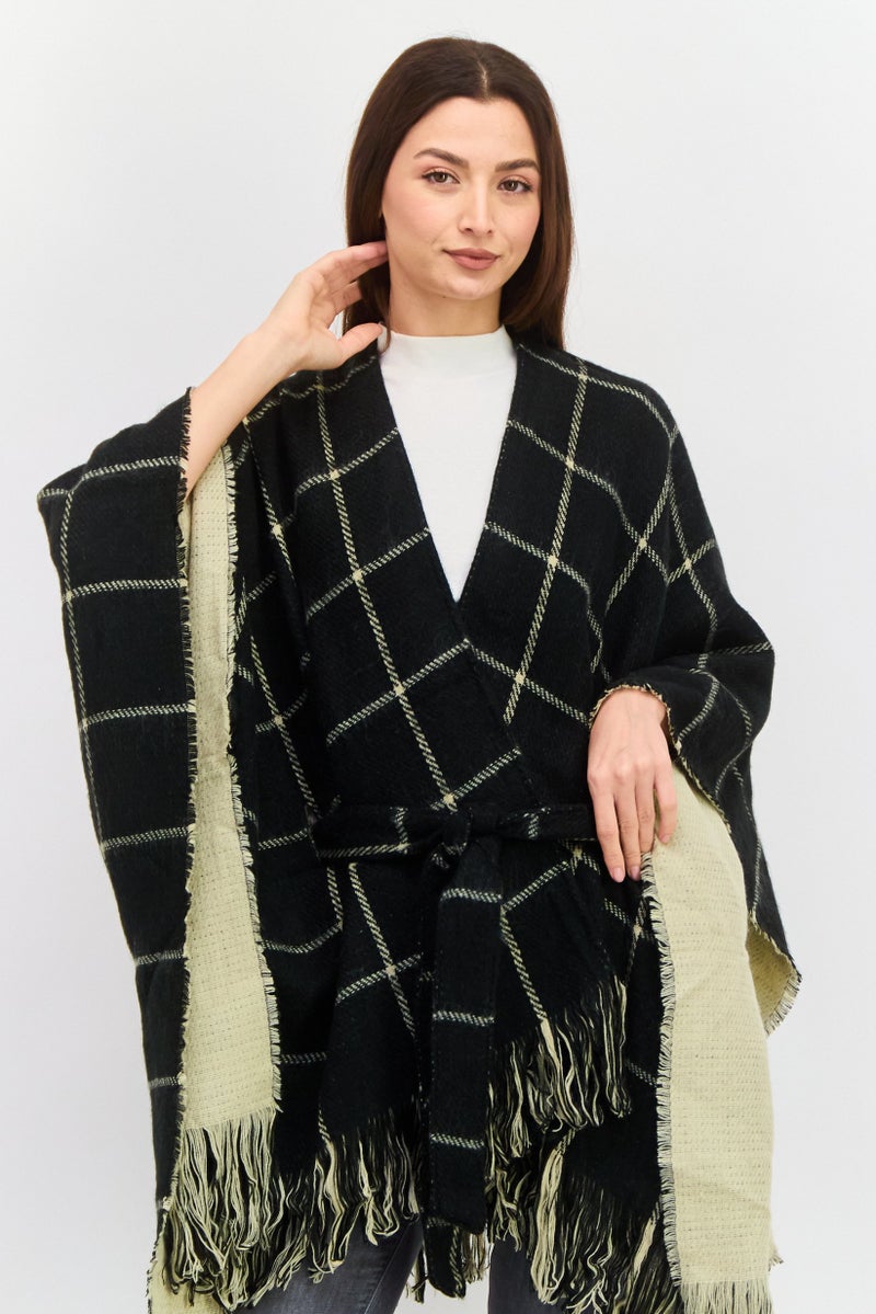 HALSTON Women Checkered Belted Poncho Cardigan, Black Combo - Image 2