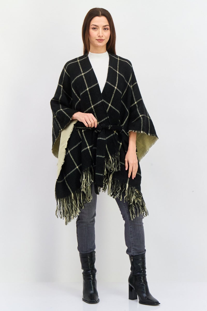 HALSTON Women Checkered Belted Poncho Cardigan, Black Combo - Image 1