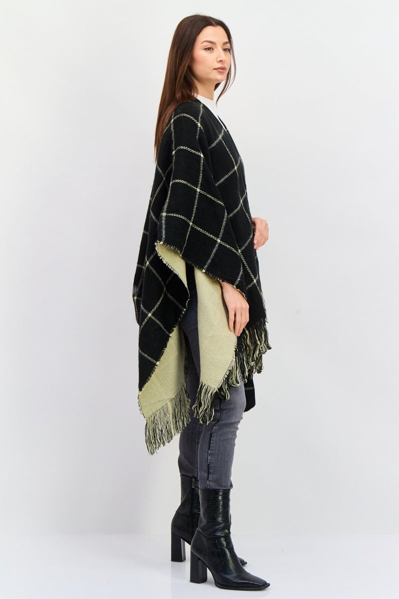 HALSTON Women Checkered Belted Poncho Cardigan, Black Combo - Image 3