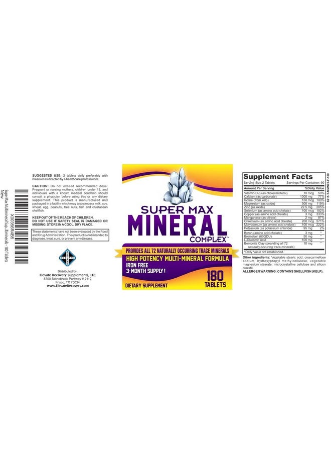 Elevate Recovery Supplements - 3Month Multimineral Supplement (Iron Free) With 72 Trace Minerals Natural Multiminerals High Potency Multi Mineral Supplements Allin1 Formula 180 Tablets - Image 1