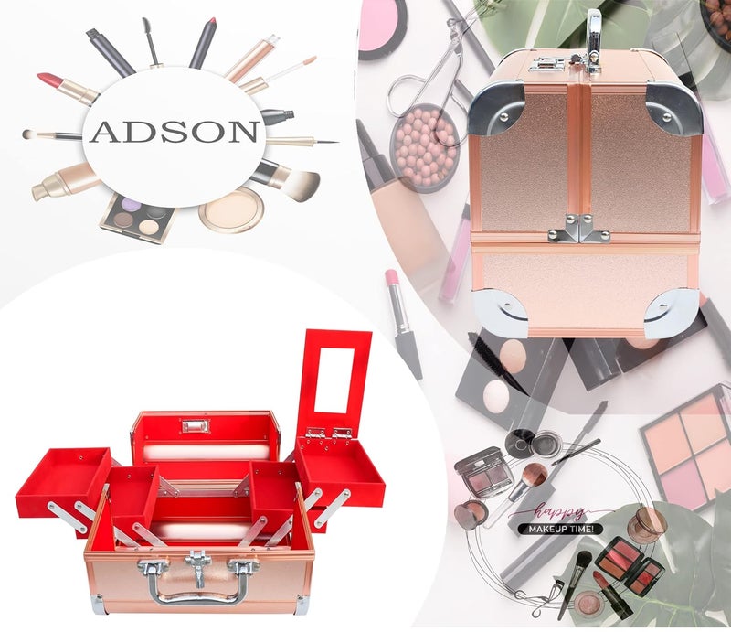 ADSON صندوق/حقيبة مكياج تجميل احترافية مع 4 صواني ومرآة (ذهب ماسي) - Image 4