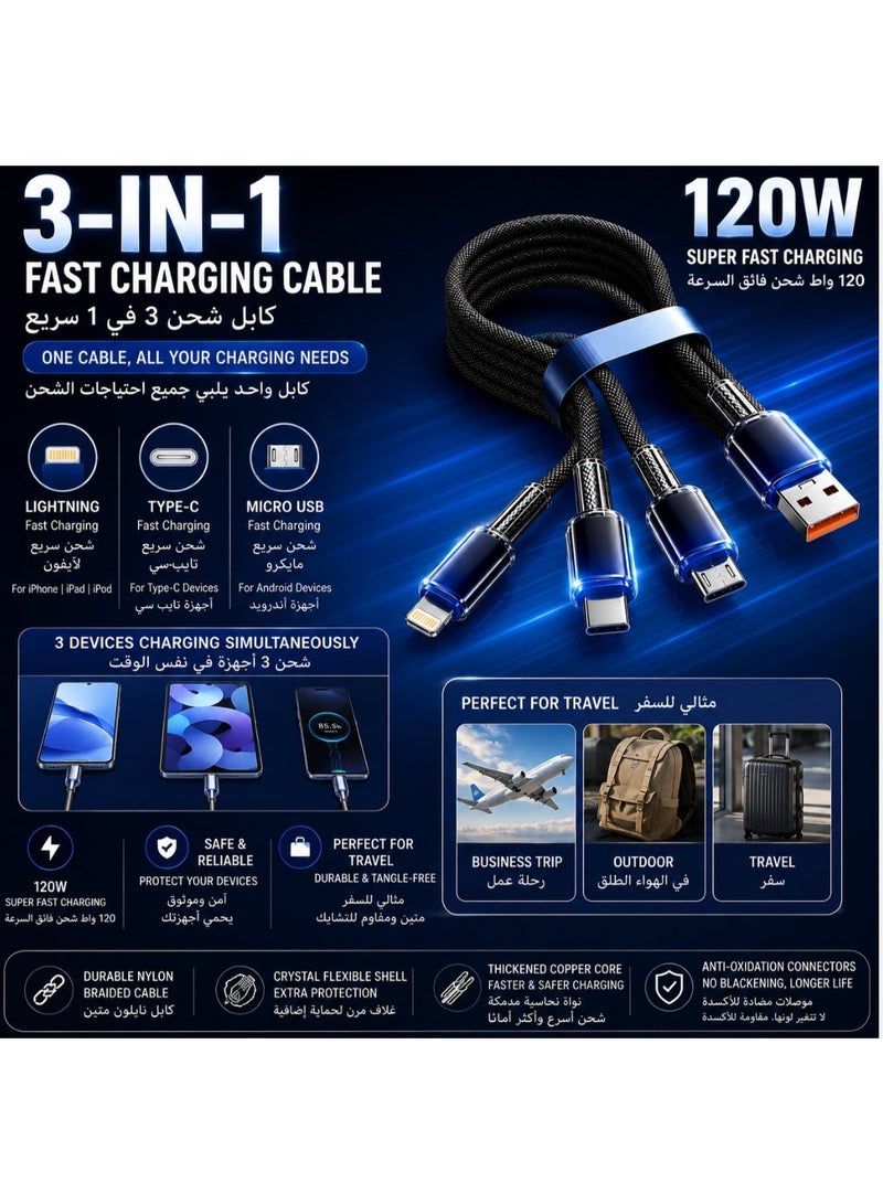 ي 1 بقوة 120 واط، سلك متين مضفر بالنايلون لأجهزة آيفون/آيباد/أندرويد، معتمومصنع معتمد من Cكابل شحن سريع عالمي 3 - Image 2