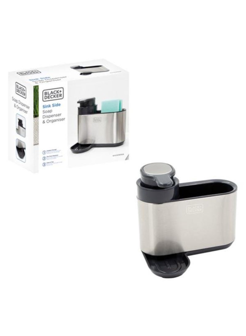 Black+Decker Tidy Sink Side Organiser with Soap Dispenser Silver and Black 63859 - Image 1