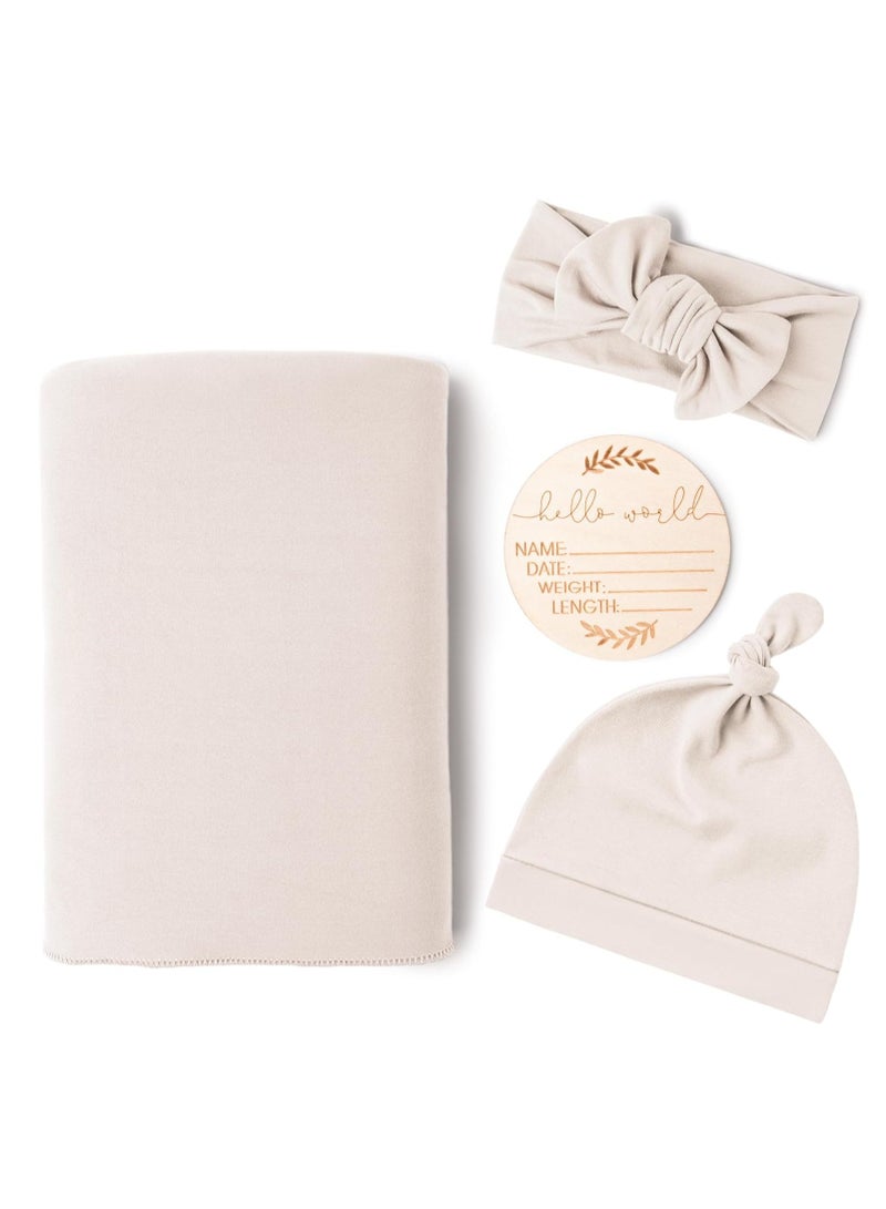 KASTWAVE 4Pcs Receiving Blanket, Baby Newborn Receiving Blanket, Cotton Knit Baby Wrap, with Matching Headband and Beanie Set, Baby Swaddle, Nursery Swaddle Wrap, Breathable & Soft Thin Baby Blanket, Beige  - Image 1
