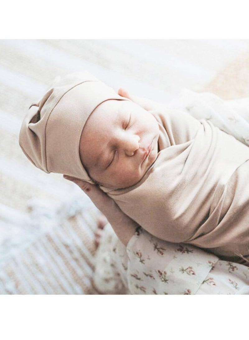 KASTWAVE 4Pcs Receiving Blanket, Baby Newborn Receiving Blanket, Cotton Knit Baby Wrap, with Matching Headband and Beanie Set, Baby Swaddle, Nursery Swaddle Wrap, Breathable & Soft Thin Baby Blanket, Beige  - Image 3